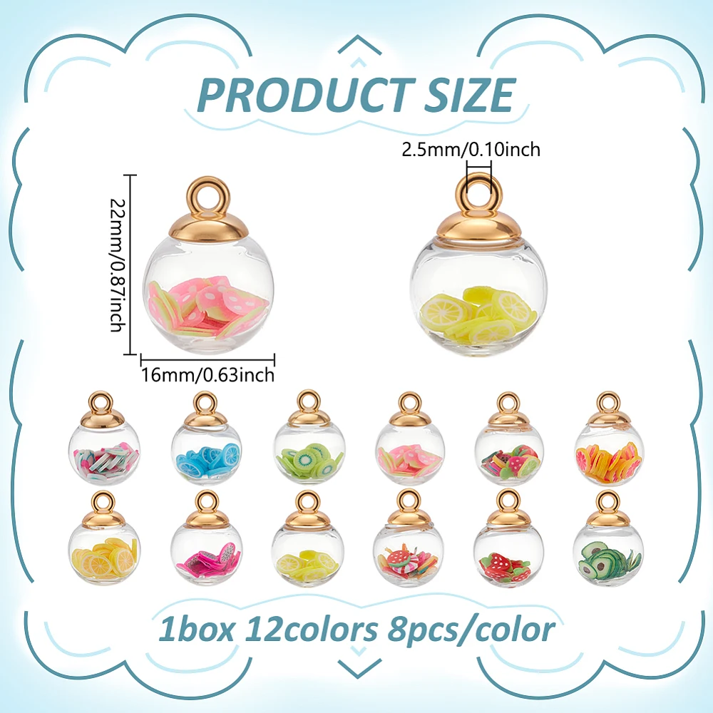 96Pcs 16mm Glass Ball Charms Transparent Glass Ball Charm Pendants with Shining Fruit Sequins Colorful DIY Charms Hanging