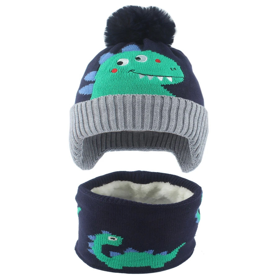 Children Cartoon Dinosaur Cute Hat Scraf Set Winter Windproof Warm Beanie Cap Baby Ear Protection Knitted Hats For Kids