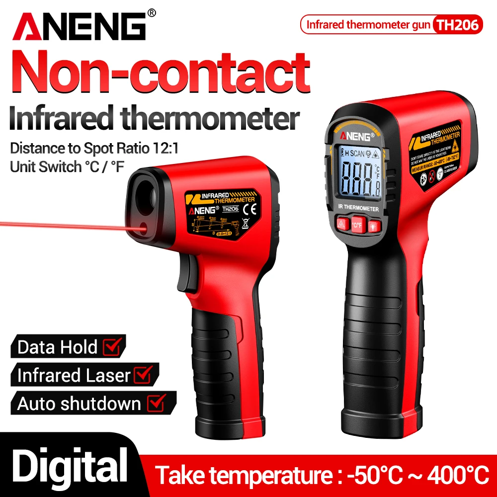 ANENG TH206 Digital IR Temp Gun -50‑400℃ 12:1 D:S Laser Aiming Backlit Screen Data‑Hold ℃/℉ Selectable Industrial Measuring Tool