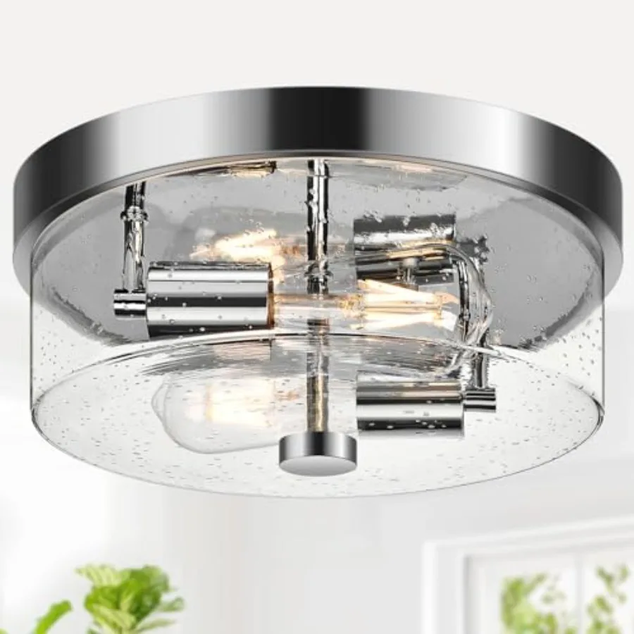 

Flush Mount Ceiling Light Fixtures, 2-Light Ceiling Mount for Farmhouse with Seeded Glass Lampshade, Industrial Hall Flush Moun
