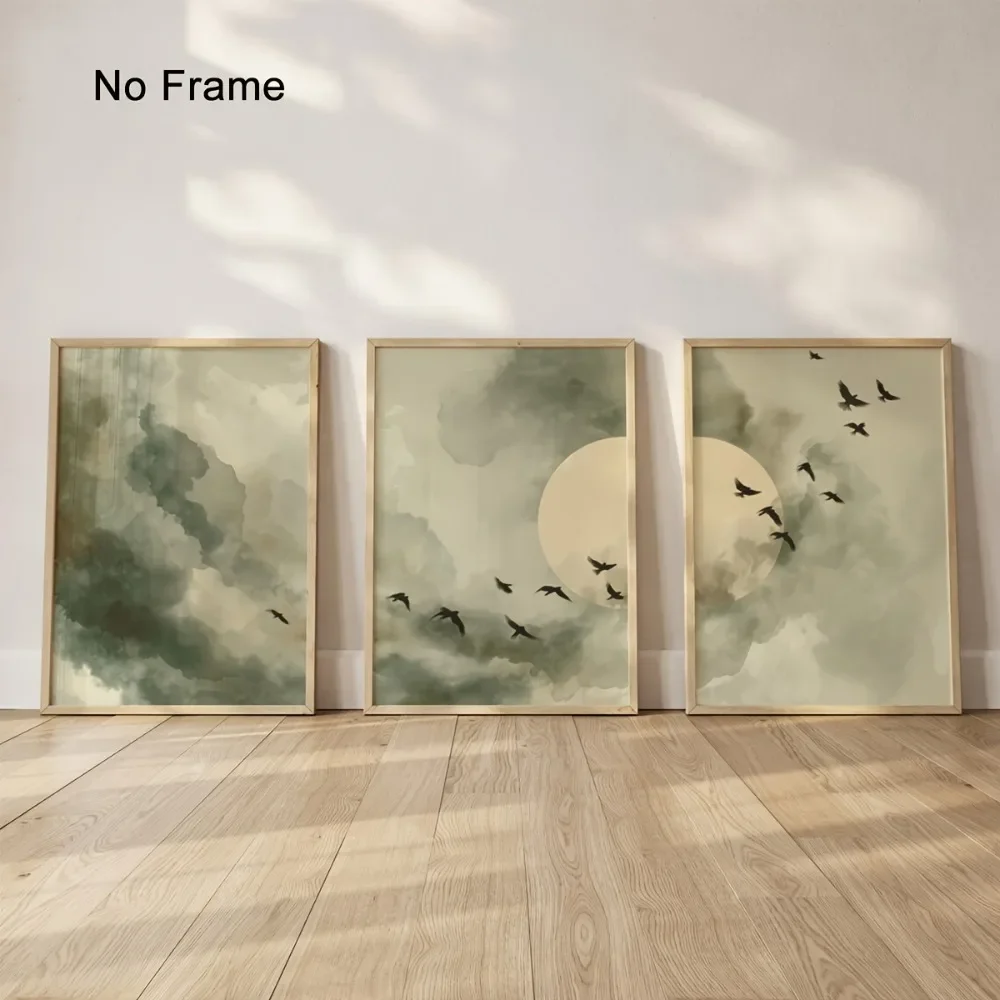 3PCS Large-sized frameless canvas paintings,3pcs Frameless, Sage Green Landscape Wall Art, Zen Neutral Decoration, Modern Minima