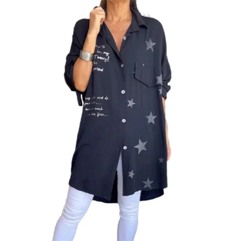 Elegant Star Text Print Long Denim Jacket Women Lapel Single-breasted Cardigan Loose Thin Outerwear Female Commuter Casual Wear