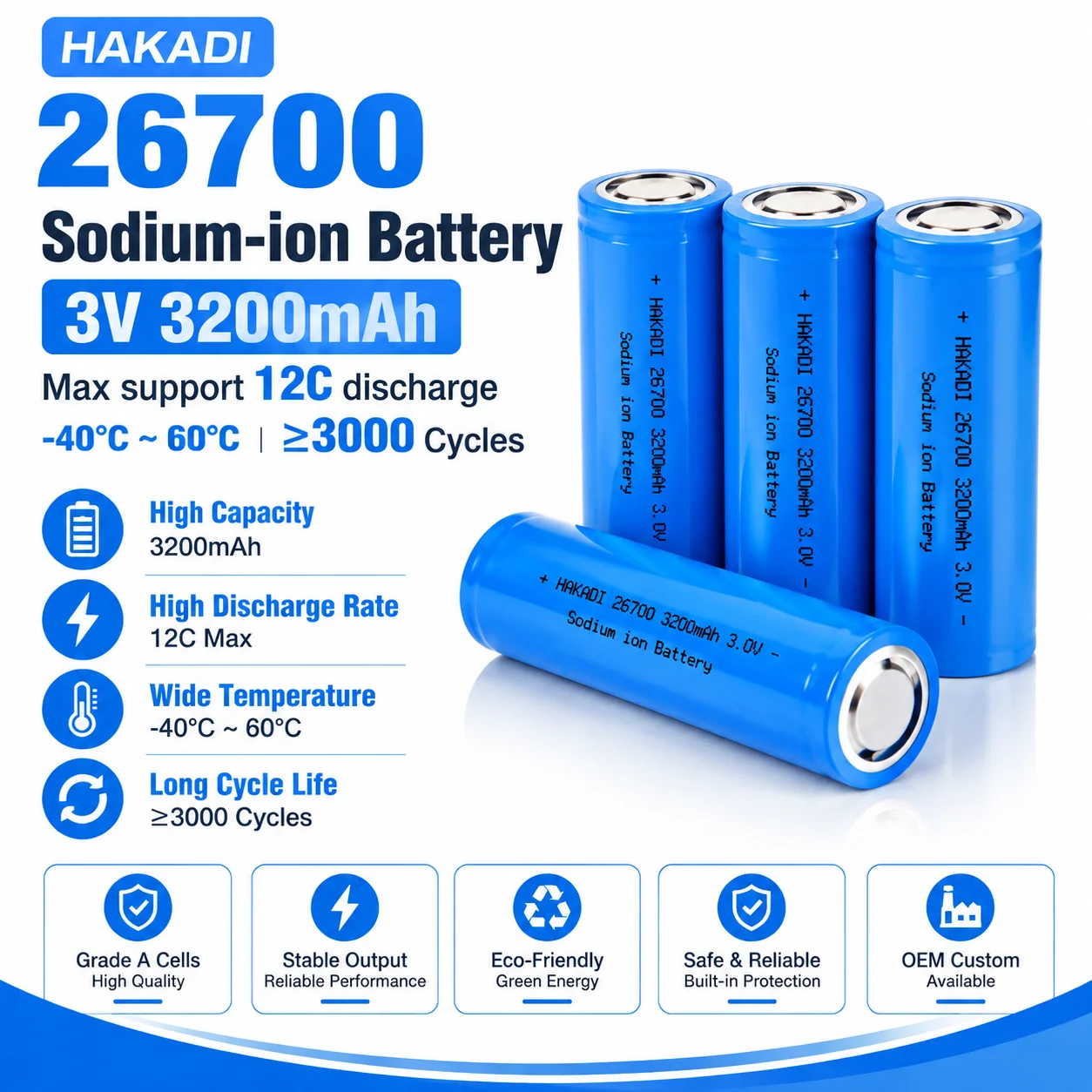 HAKADI 26700 3V 3.2Ah Sodium-Ion Rechargeable Cells 12C High Rate Battery 4-20PCS for DIY Energy Storage Solar Power