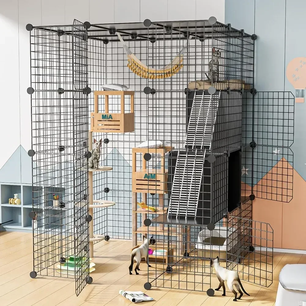 

Large Cat Cage Indoor with Storage Cube Catio Outdoor Cat Enclosure Indoor Metal Wire Kennels Detachable Cat Crate Playpen