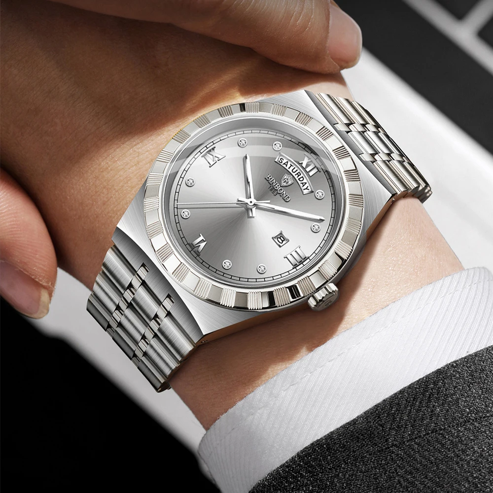 BINBOND ساعات رجالية 9356 موضة بسيطة ساعة كوارتز أصلية للرجل الملمس الهاتفي الفولاذ المقاوم للصدأ تاريخ الأسبوع الاتجاه فستان
