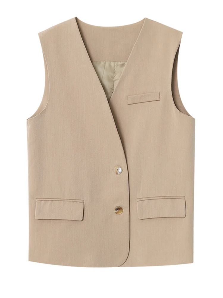 [EAM] Women Khaki Single Breasted Big Size Elegant Vest New V-collar Sleeveless Fashion Tide Spring Autumn 2024 1DH6594