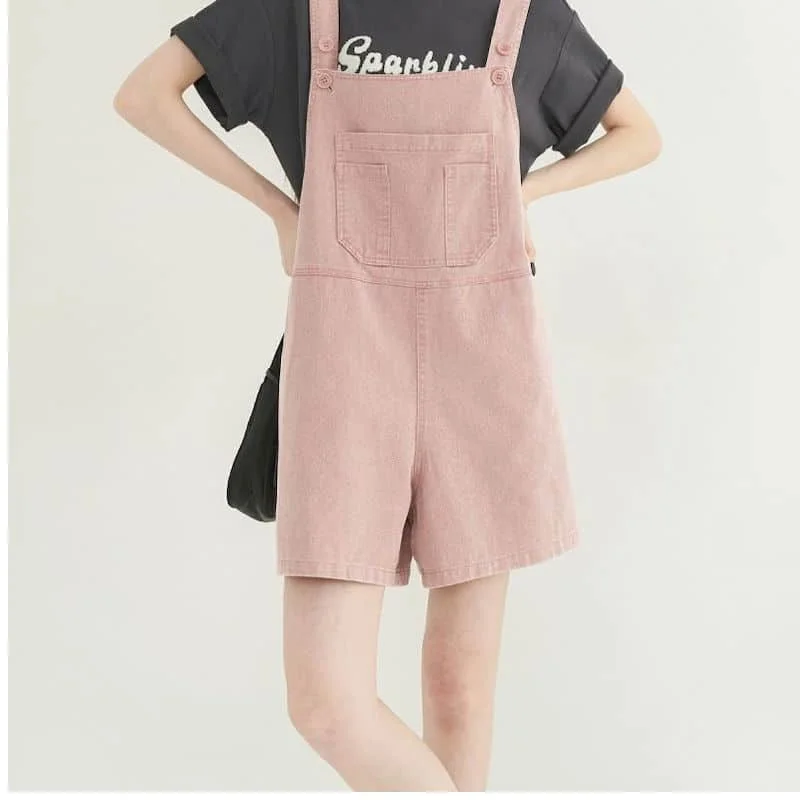 

Denim Jumpsuits Pink Vintage Waisted Loose Wide Leg Shorts Korean Style Romper Casual Bodysuits One Piece Outfits Women Clothing