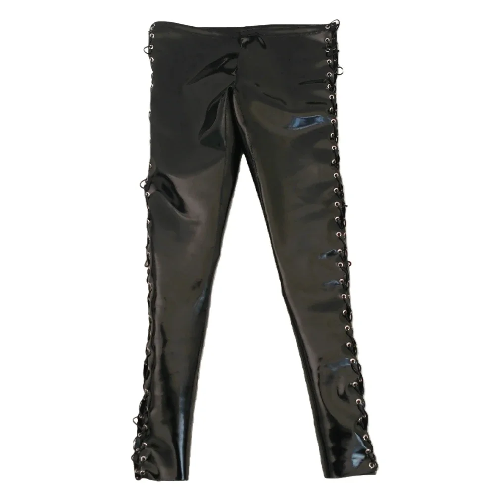 

Men's Punk Bandage Hollow Out Pants Sexy Cloth Latex PU Leather Tights Nightclub Shaping Wear Trousers Quick-Dry Waterproof