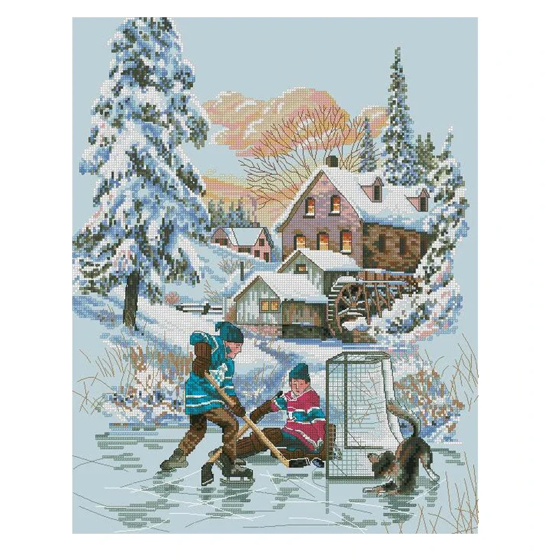 Amishop Gold Collection Counted Cross Stitch Kit Rivalry Sport Country Winter Hockey On The Ics Dimensions 79073