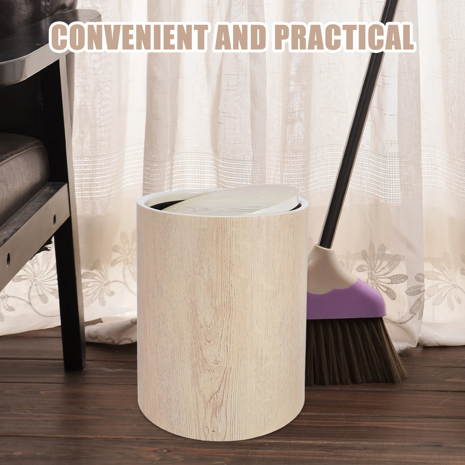 Wood Grain Trash Can Plastic Retro Vintage Flip Lid Compact Space-Saving Bin for Bathroom Bedroom Kitchen Office