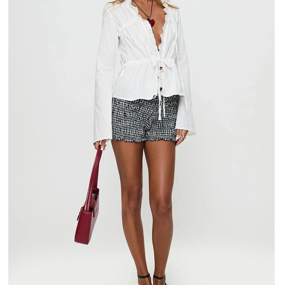 Blusa con volantes estéticos Vintage para primavera y otoño para mujer, camisas elegantes de manga larga con cuello en V, blusas frontales con lazo, Tops elegantes para mujer