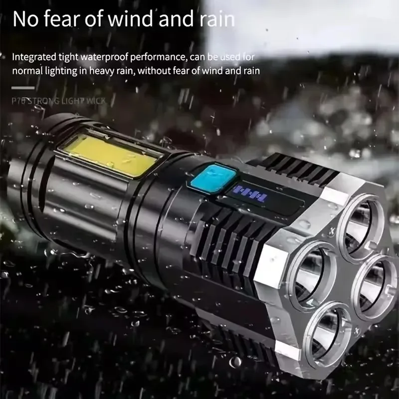 Four light high-intensity flashlight, long-range rechargeable COB side light flashlight, high brightness searchlight