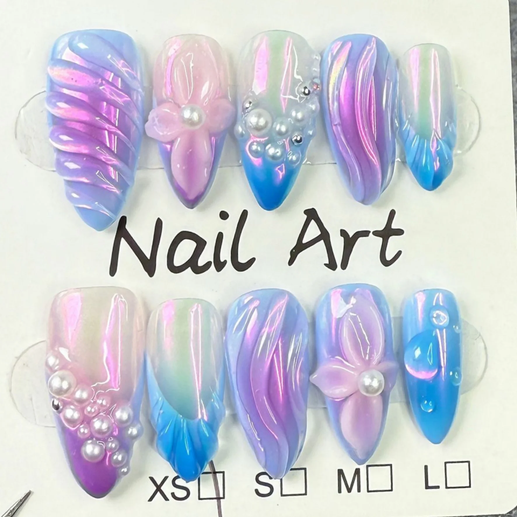 10 Stück handgemachte Press on Nails Glitzer Strass Falsche Nagelspitzen Blau Lange Mandel Fake Nail Art Fertige Schmetterlings-Maniküre-Sets