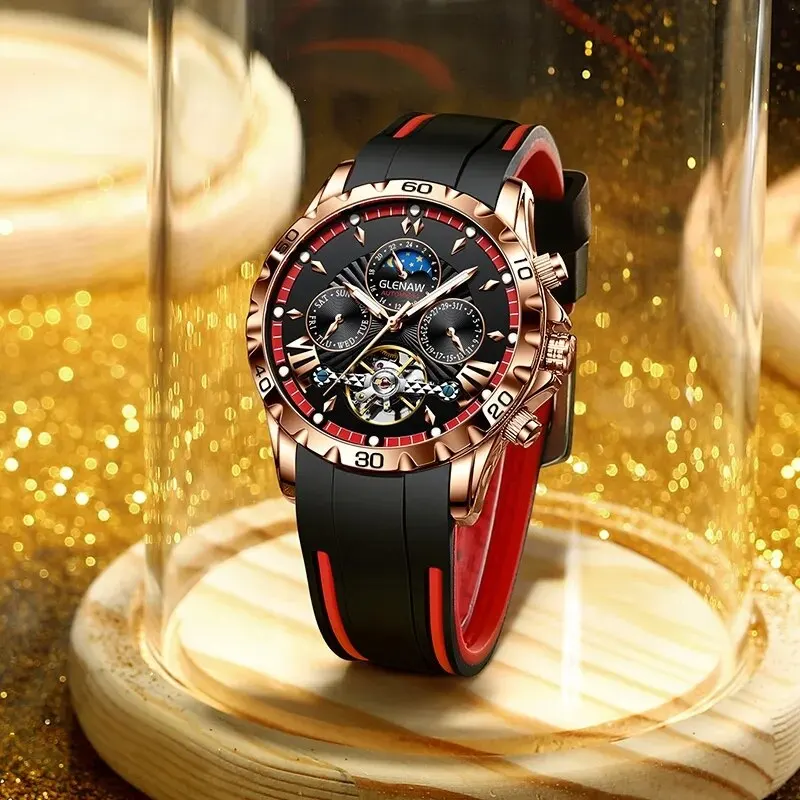 GLENAW ساعة مرحلة القمر للرجال من الفولاذ المقاوم للصدأ ، ساعات من أفضل العلامات التجارية ، فاخرة