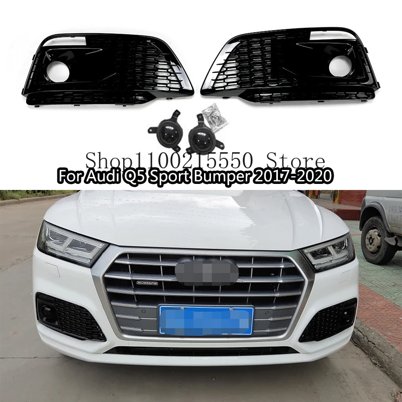 

RS Style ABS Glossy Black Car Front Bumper Lower Grille Fog Lamp Frame With Fake ACC Grill For Audi Q5 Sport Type 2018 - 2020