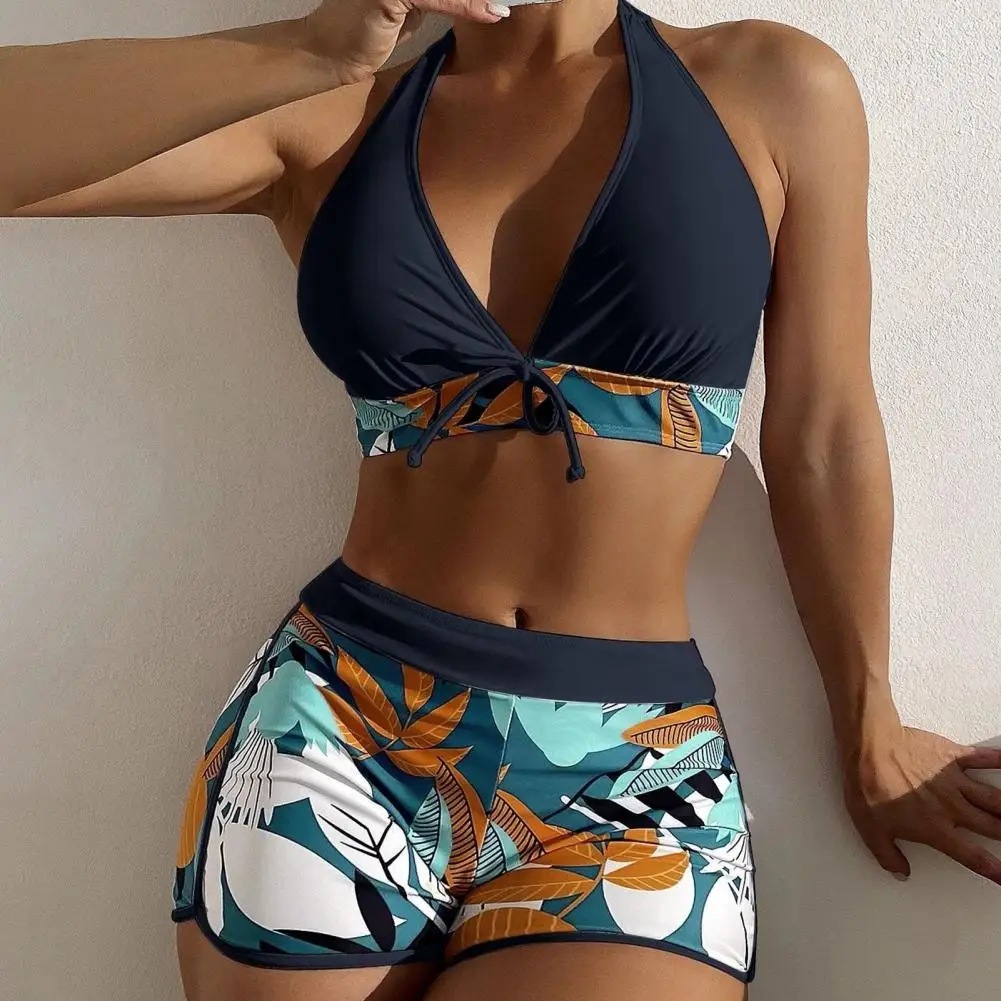 2 Pcs/Set Beach Bra Shorts Set Leaf Print Deep V Neck Drawstring Backless Swimwear Quick Drying High Waist Padded Bathing Suit