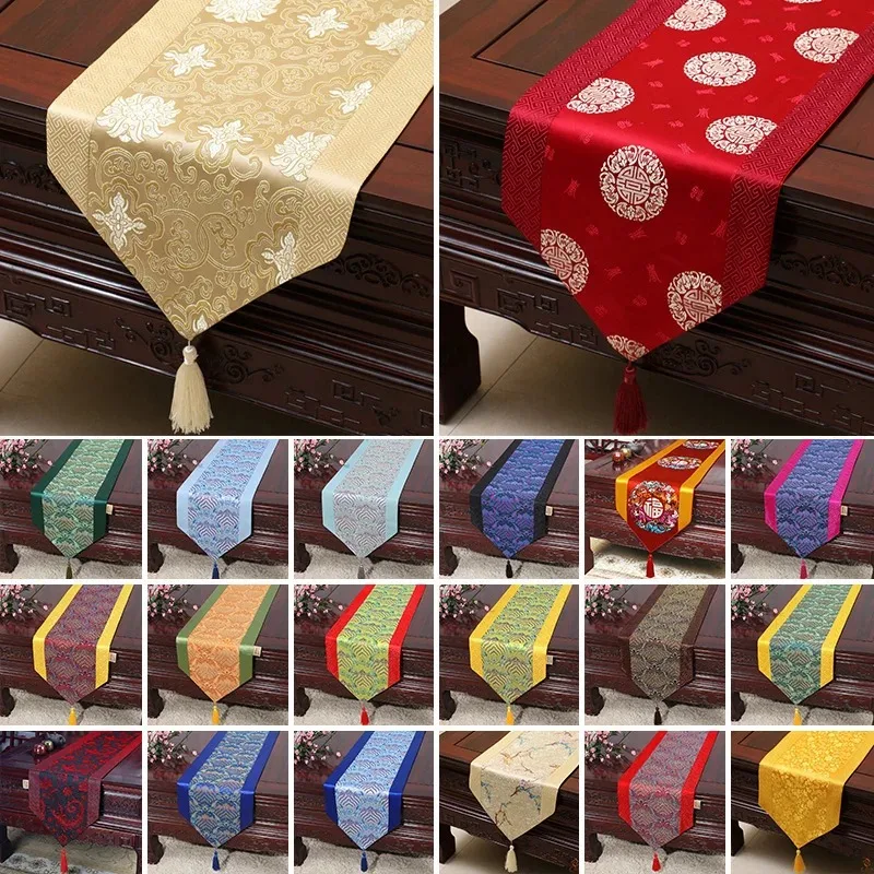 Chinese Floral Dragon Phoenix Pattern Jacquard Satin Table Runner Luxury Wedding Decor Tassel Lace Table Cover Centerpiece