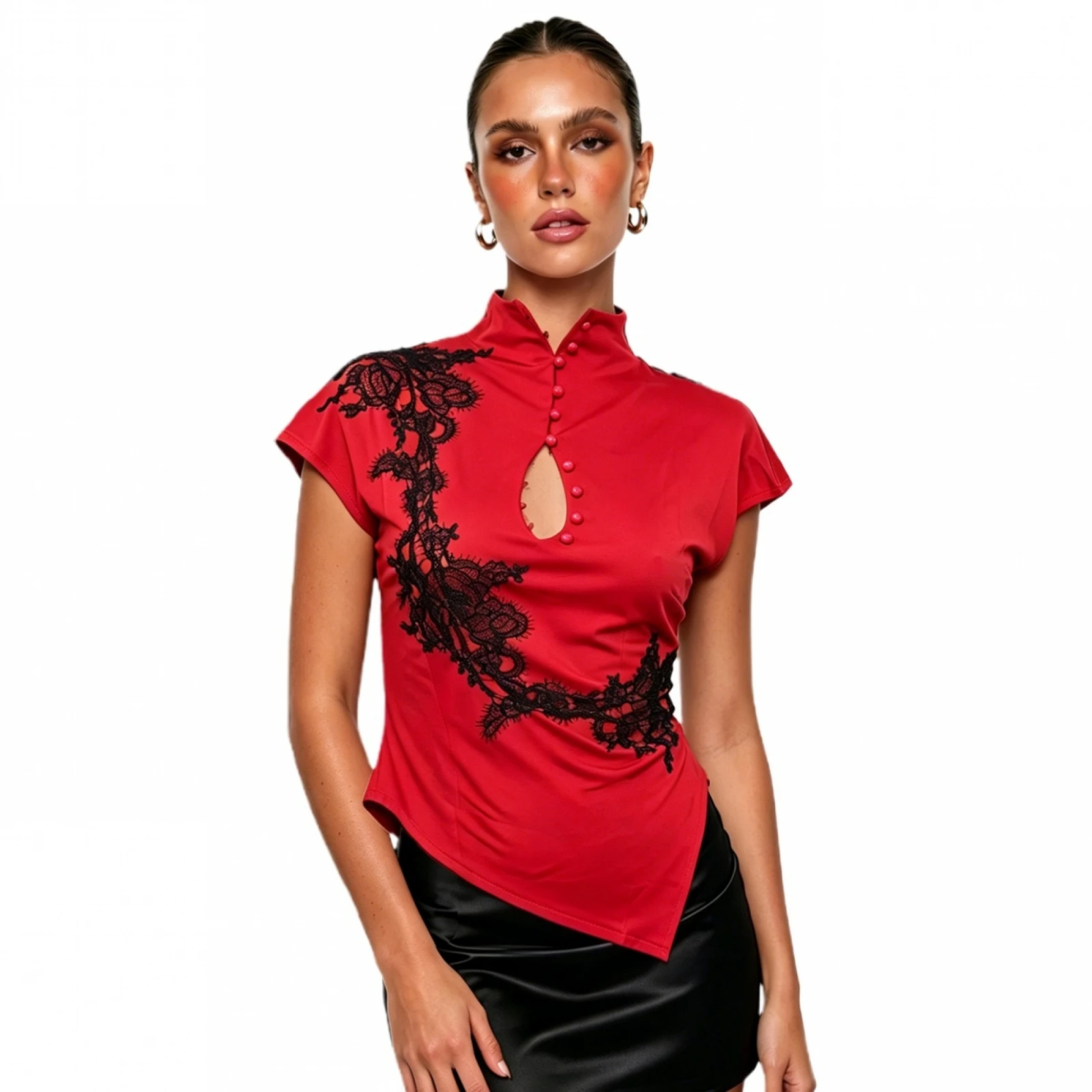 Women's Lace Patchwork Cheongsam Tops Mock Neck Short Sleeve Elegant Chinese Style Keyhole Blouse