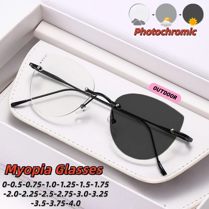 

High-quality Frameless Metal Ultra-light Photochromic Myopic Glasses High-Definition Anti-Blue Light Eyewear 0 To -4.0