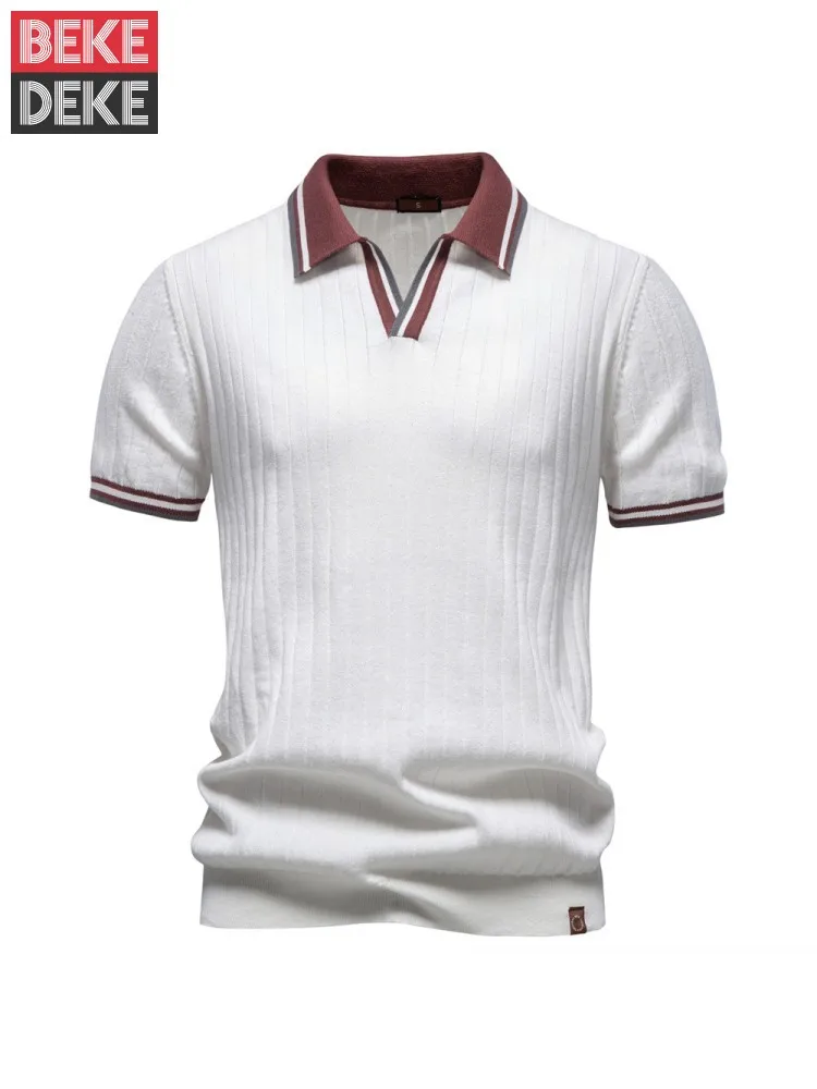 

Business Men Summer New Breathable Thin Knit Spliced Mixed Color T-Shirt Casual Turndown Collar Short Sleeve Fashion Male Tees