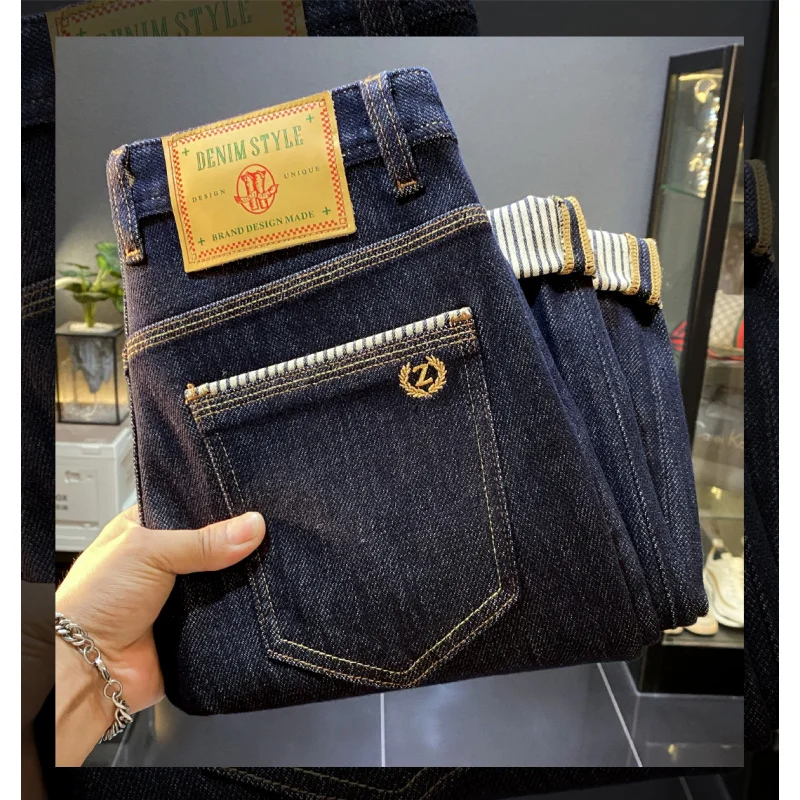 

2025 autumn new light luxury retro original color jeans for men, slim fit, small feet, four sided elastic casual long pants