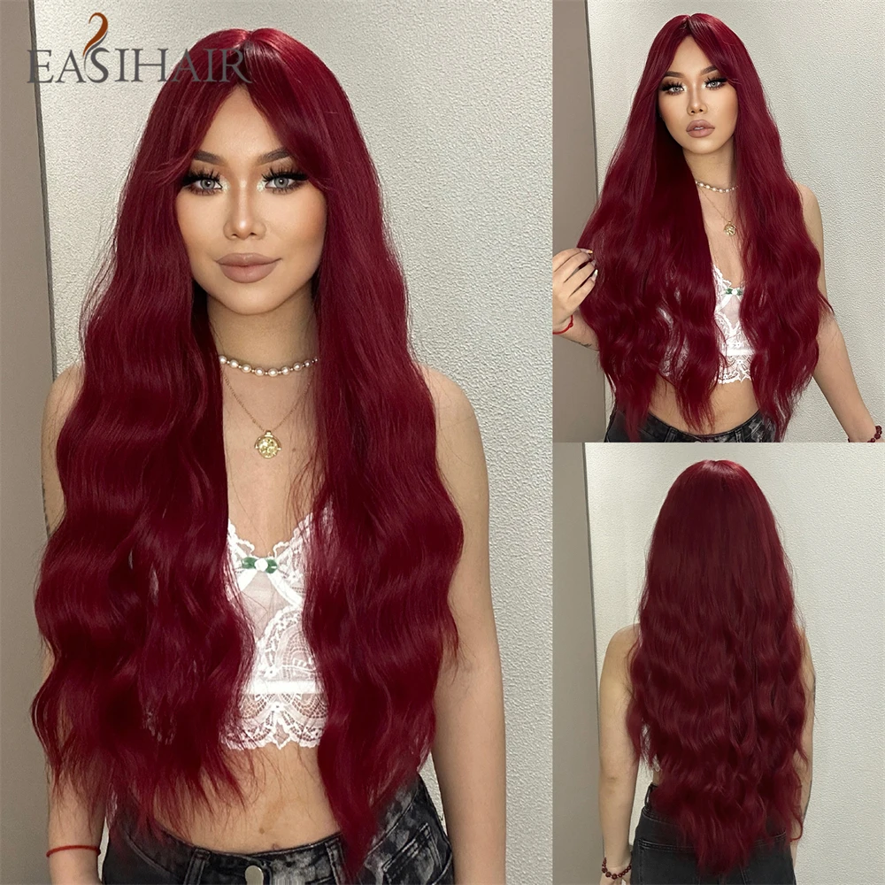 EASIHAIR Long Curly Wave Wine Red Burgundy Synthetic Wigs with Bangs Red Brown Cosplay Daily Hair Wigs for Women Heat Resistant