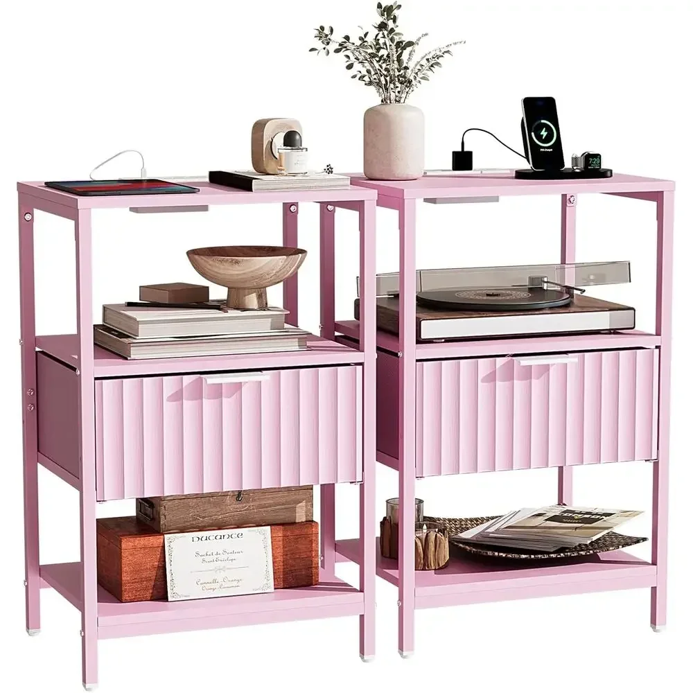 2-Piece Nightstand Set with Fabric Drawer, Charging Station, Storage Shelf & Handle, Ideal for Bedroom/Living Room, Pink