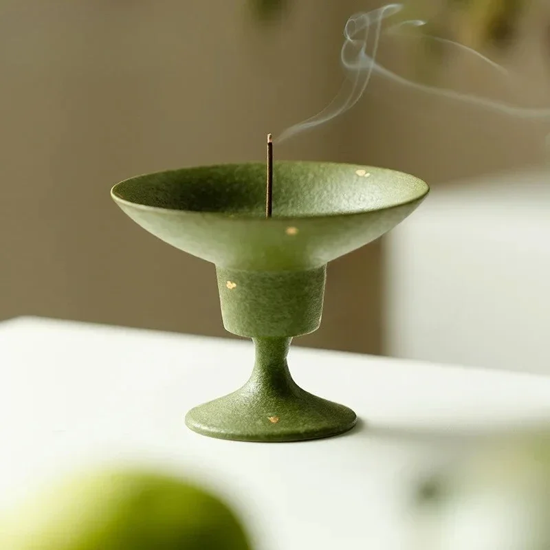 Green Tangerine Gold Sprinkled High Foot Incense Holder Zen Garden Incense Burners Consecrate Censer Home Accessories Ornaments