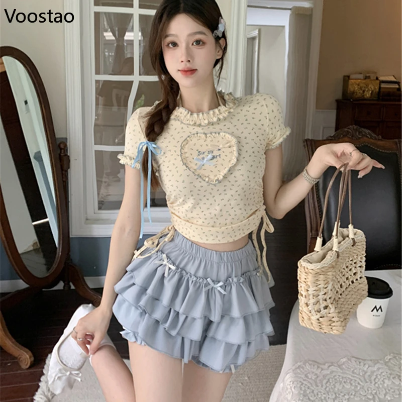 Kawaii Sweet Lolita Style Skirt Sets Women Floral Print Ruffles Hearts Blouse Tops Bow Mini Skirt Suit Japanese Two Piece Set