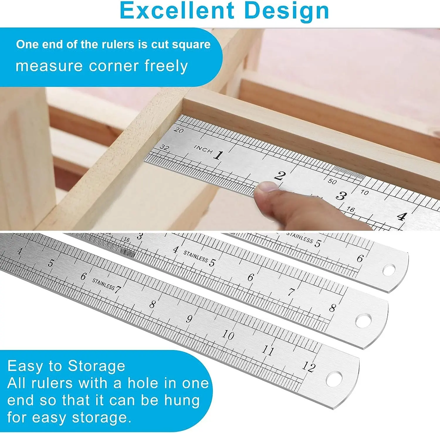 Stainless Steel Double Side Straight Ruler Centimeter Inches Scale Metric Ruler Precision Measuring Tool School Office Supplies