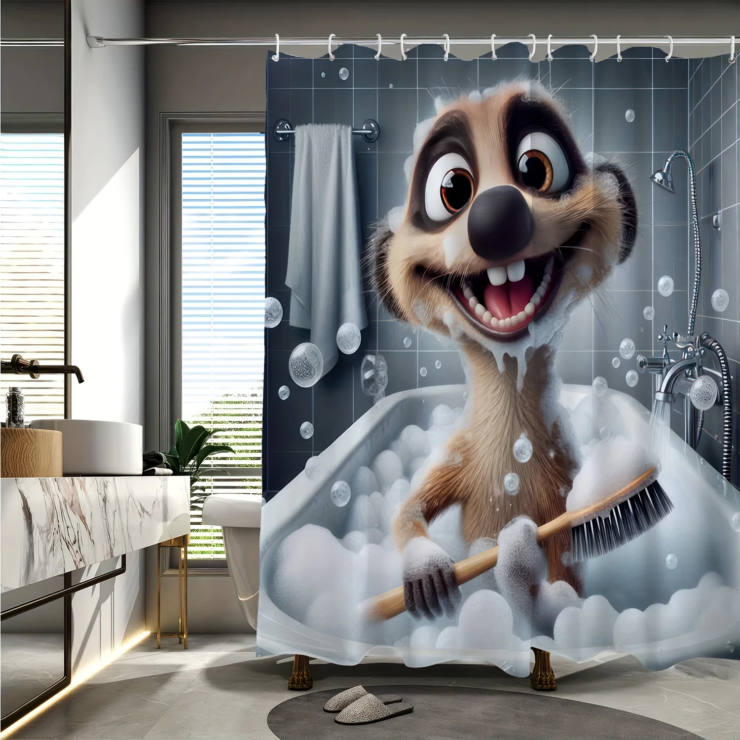 Cute Cat & Ferret Shower Curtain - Cartoon Digital Print,  Machine Washable, Reversible Four-Season Polyester, Bathroom Decor