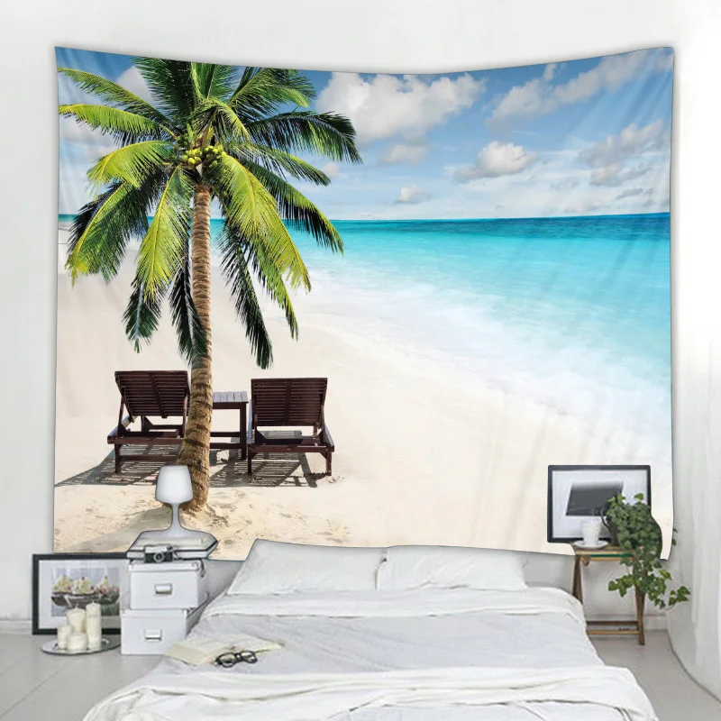 VIKAMA Summer Tropical Beach Tapestry Palm Chaise Lounge Sunset Boat Shadow Waves Living Room B&B Room Decoration