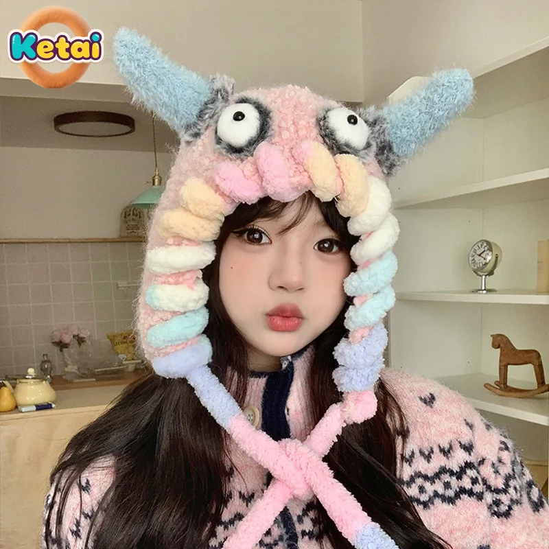 Cappelli di peluche da donna per l'inverno all'aperto, calore e protezione per le orecchie, cappelli Lei Feng, pullover astratti dei cartoni animati, cappelli da pescatore