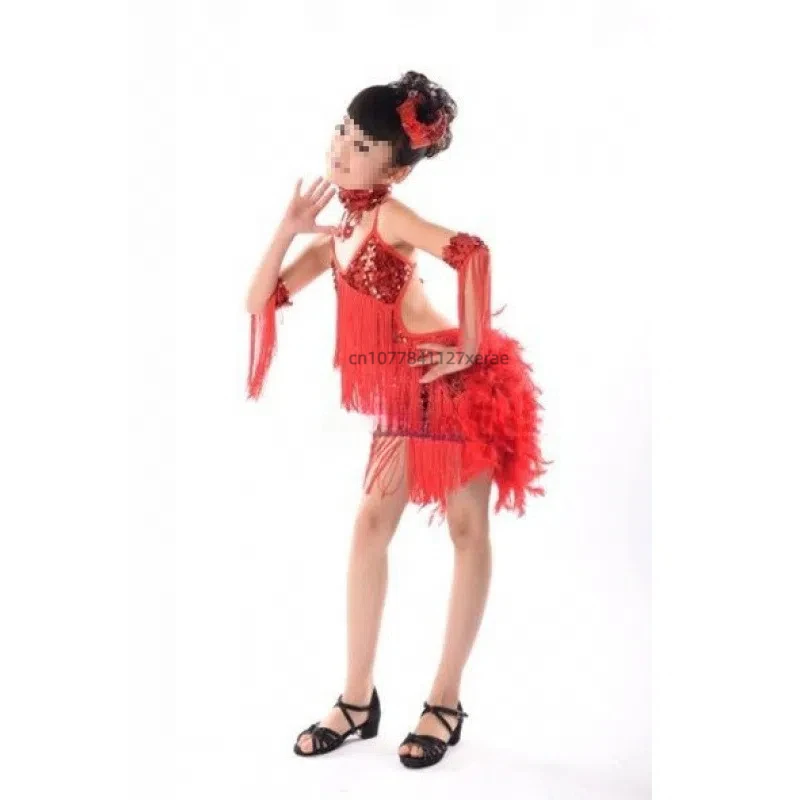 Children's Latin Dance Dress Performance, Girls' Sequin Tassel Feather Performance Costume, Group Stage Performance, Dance Dress