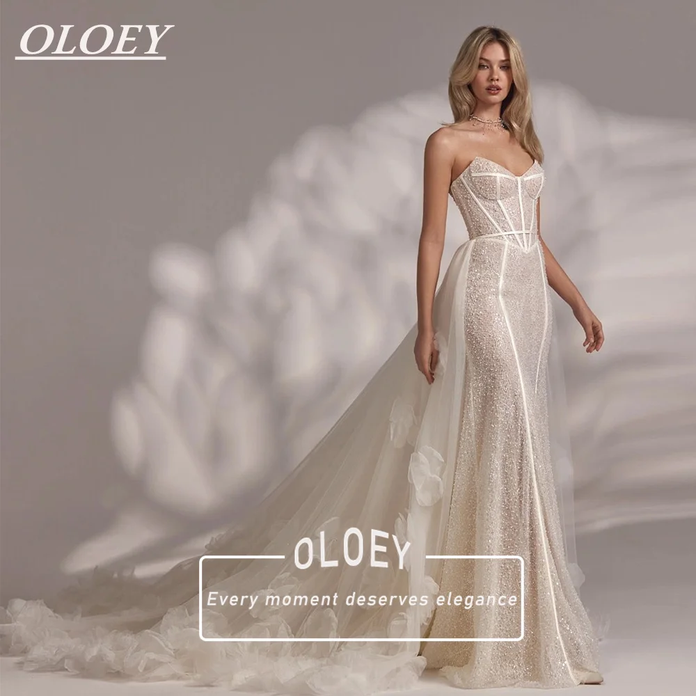 OLOEY Luxury Strapless Sequined Mermaid Wedding Dress With 3D Flowers Detachable Tulle Tail High-End Customized Bridal Gown