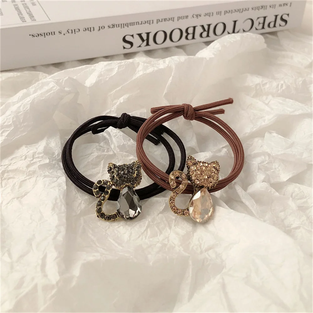 Fashion Rhinestone Crystal Cat Hair Rope Cute Metal Animal Hairbands Women Girls Elastic Ponytail Bun Headwear Jewelry Hair Ring