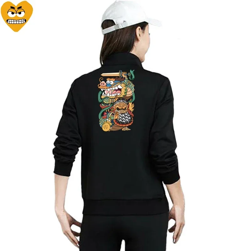 Break Egg Women Jacket Cotton Cartoon Heart Embroidered Dragon Pattern Printed Collar Zipper Pocket Wool Casual Autumn Jacket