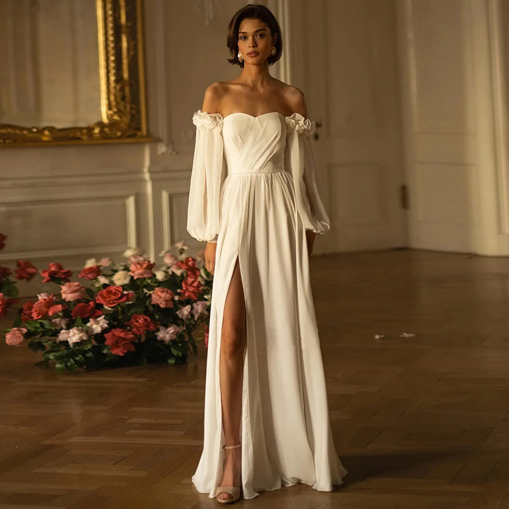 Semplice abito da sposa estivo personalizzato con scollo a cuore maniche a sbuffo fiori piega una linea corsetto abito da sposa Vestido De Noiva