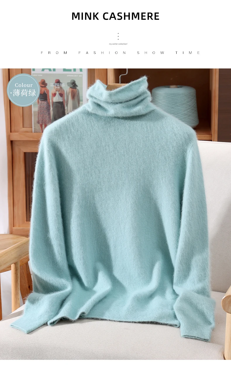 100% Pure Mink Fur Sweater Women's Pullover High Neck Knitted Sweater Autumn Winter New Item Pile Collar Thick Soft Base Sweater