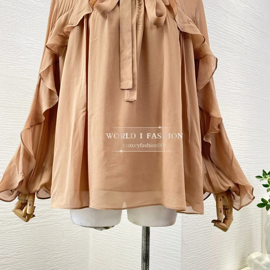 

2025 High Quality Silk Brown Flowing Long Sleeved Shirt V Neck Blouse Top