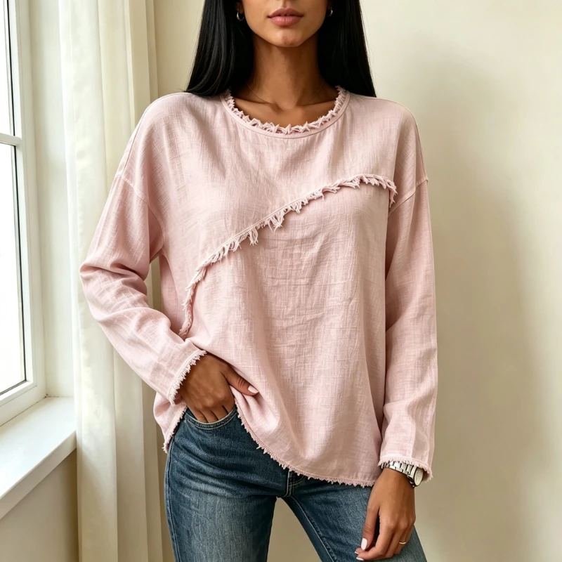 Fall Winter Simple Versatile Women Loose Long Sleeve Shirt Round Neck Lace Splicing Fringed Casual Fashion T-shirt Jumper Tops