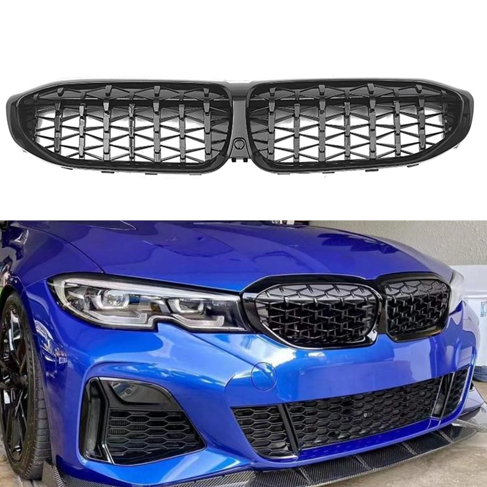 Front Grille Upper Kidney Replacement Bumper Hood Mesh Grill w/ Camera Hole For BMW G20 330i M340i 2019-2022