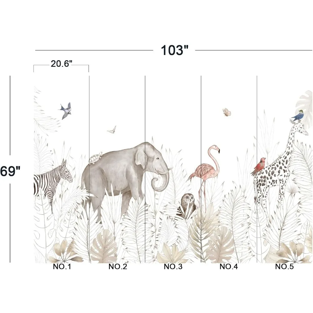 Mural de parede para berçário de animais com tema de elefante e zebra, 103 x 69 polegadas, ideal para decoração de quarto de bebê