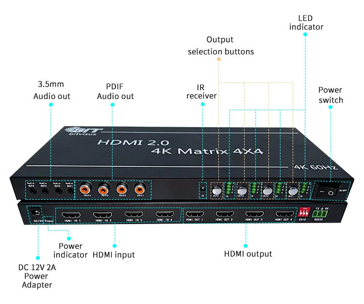 4x4 HDMI 2.0 Matrix Switcher with RS232 Control, 4K60Hz Video Mixer & Audio Extractor for Conference Room & Broadcast