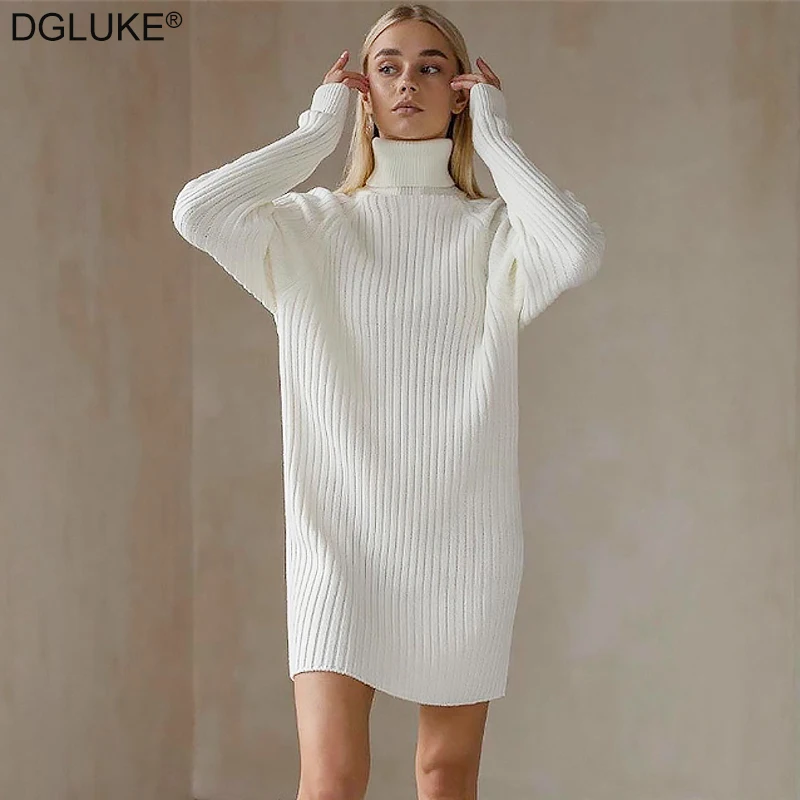 

Turtleneck Sweater Dress Woman Long Sleeve Knitted Autumn Winter Dress Fashion Loose Mini Dress Casual Knitwear