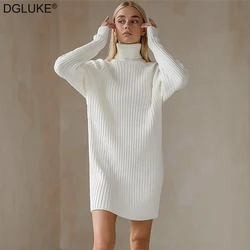 Turtleneck Sweater Dress Woman Long Sleeve Knitted Autumn Winter Dress Fashion Loose Mini Dress Casual Knitwear