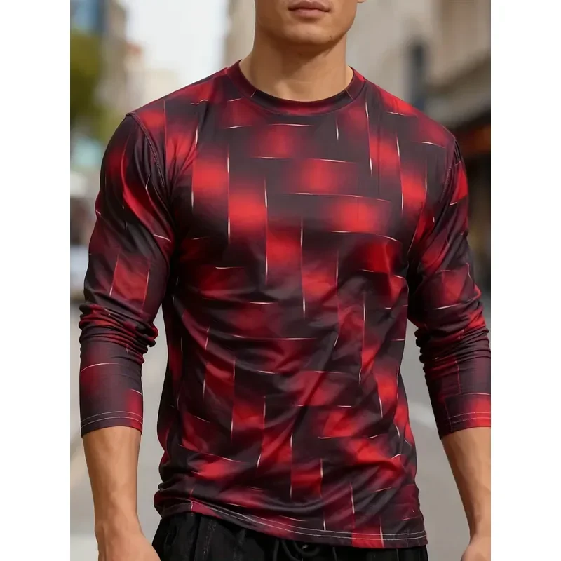 Camiseta de manga larga casual para hombre, estampada en 3D, 2026, negra, con patrón geométrico de cuadrícula, transpirable, top deportivo para gimnasio, senderismo, ajuste cómodo