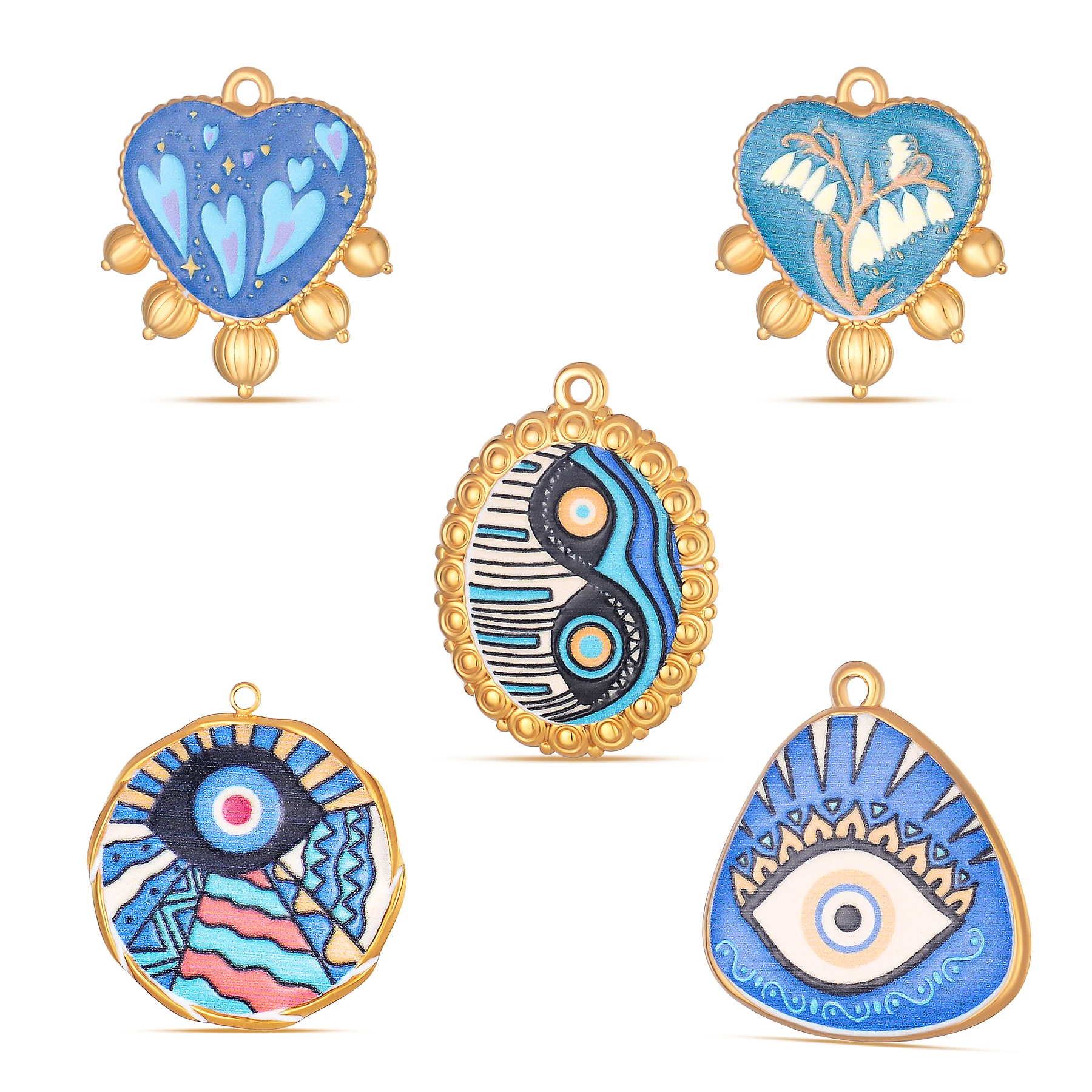 

5 шт., эмаль, нержавеющая сталь, овальное круглое сердце, синий сглаз для DIY ювелирных изделий, серьги, ожерелье, браслет, аксессуары для изготовления
