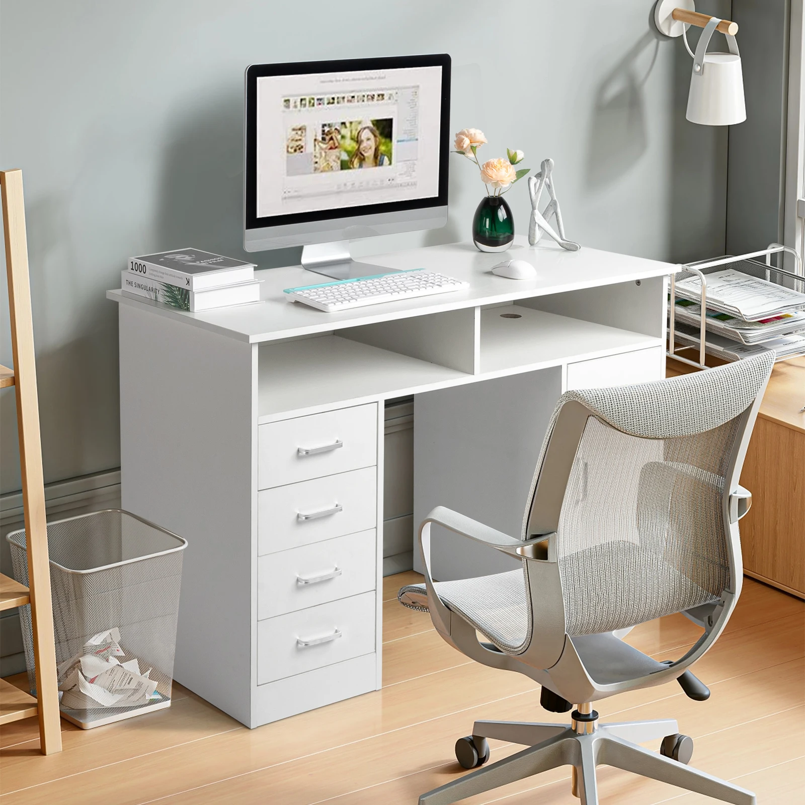 White wood grain particle board with triamine 120*50*78cm one door four drawers plus interlayer computer desk