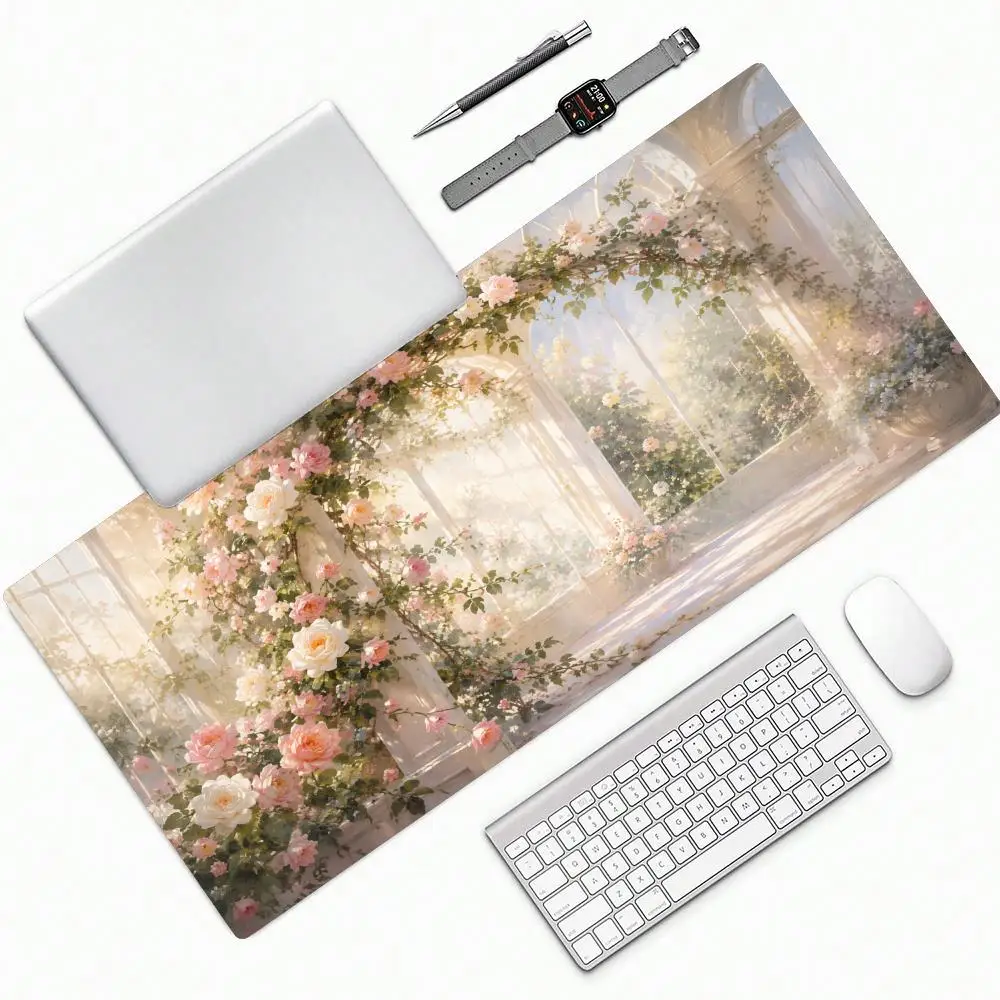Pastel Garden Pink White Climbing Roses Sunlight Conservatory Big Anti-Slip Extended Gaming Mouse Pad Floral Desk Keyboard Mat